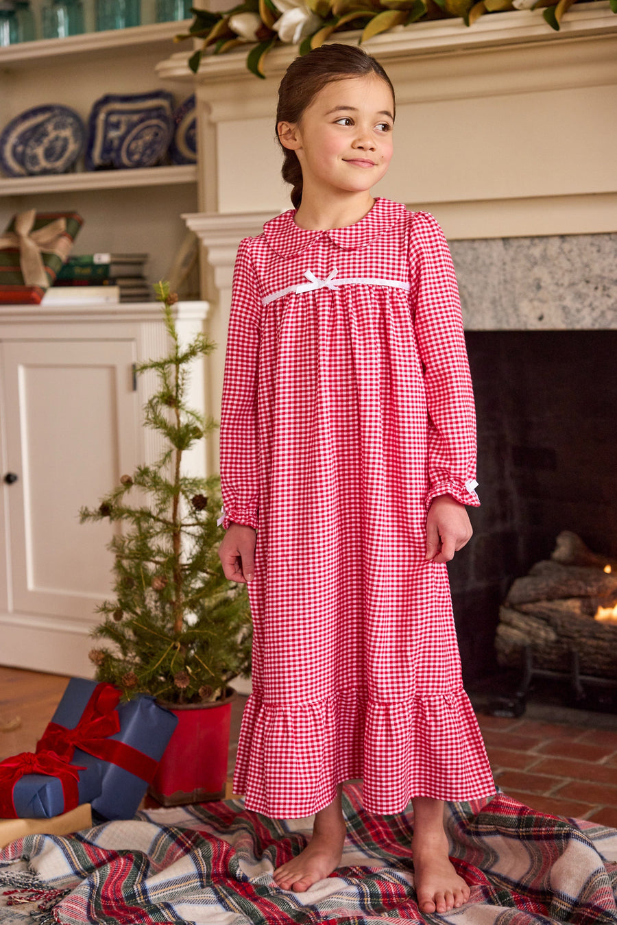 little english classic children's clothing, classic long sleeve nightgown in red gingham pattern for little girls 