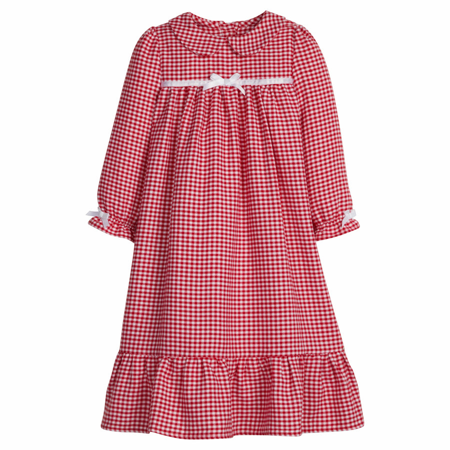 little english classic children's clothes, red gingham long sleeve flannel nightgown with white bow details for girls 
