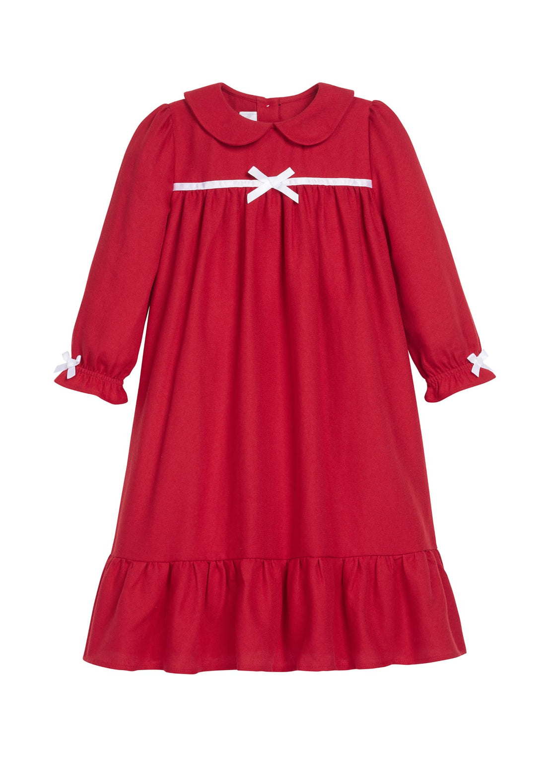 Little English traditional clothing, classic nightgown in red with white bows on sleeve cuffs and chest, for little girl