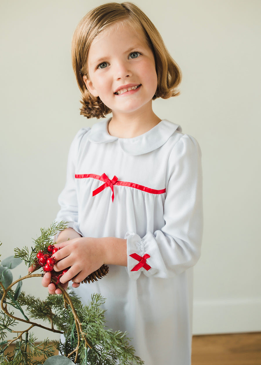 Little English traditional girl's flannel style nightgown, little girl's classic christmas nightgown in white with light red bow