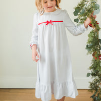 Little English traditional girl's flannel style nightgown, little girl's classic christmas nightgown in white with light pink bow