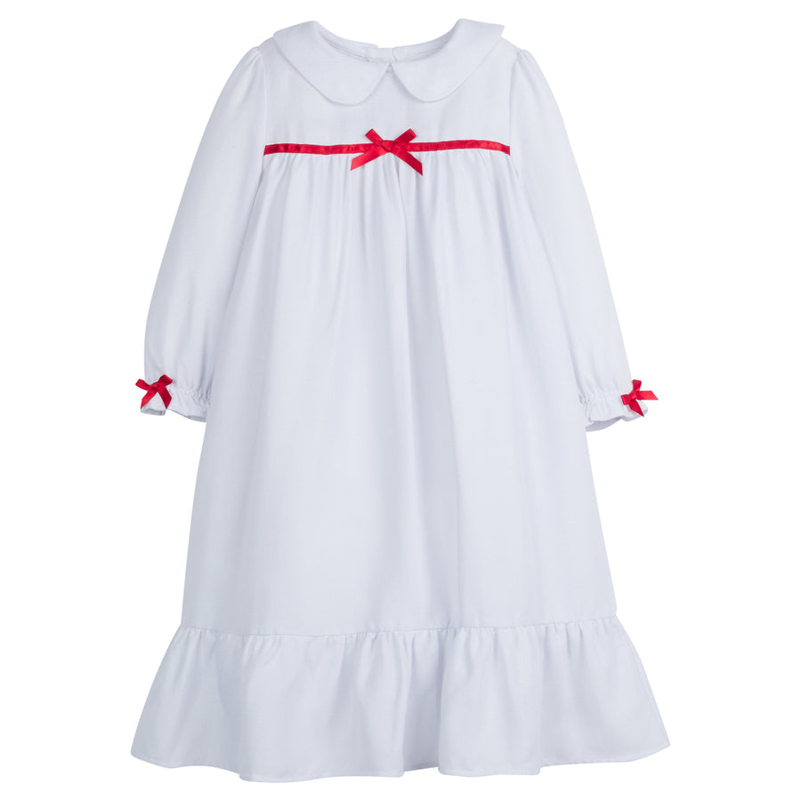 Little English traditional girl's flannel style nightgown, little girl's classic christmas nightgown in white with light pink bow
