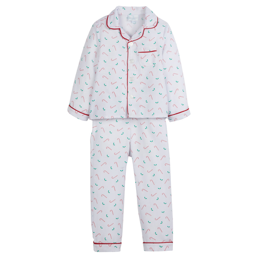 Little English classic kids flannel style pajama set, traditional jammies with candy canes for christmas