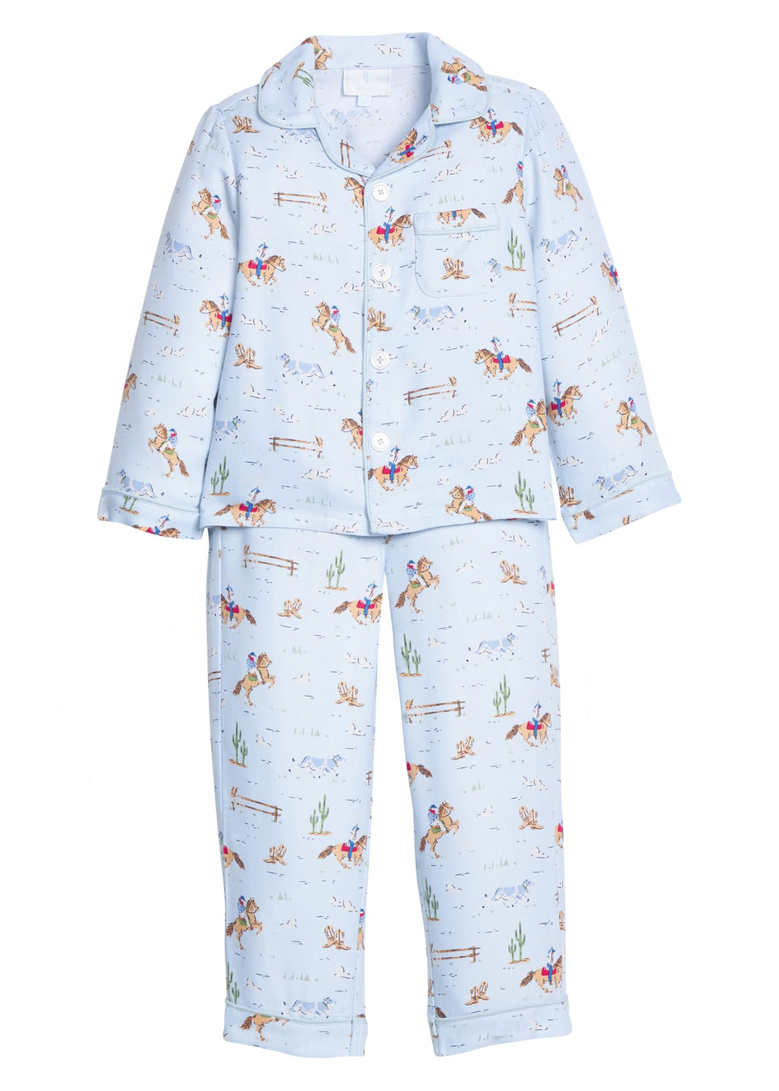 Little English classic kids clothes, long sleeve pajama set in light blue with cowboy print for little boys