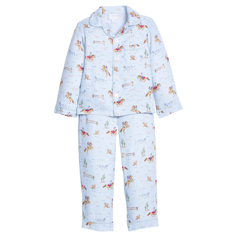 Little English classic kids clothes, long sleeve pajama set in light blue with cowboy print for little boys