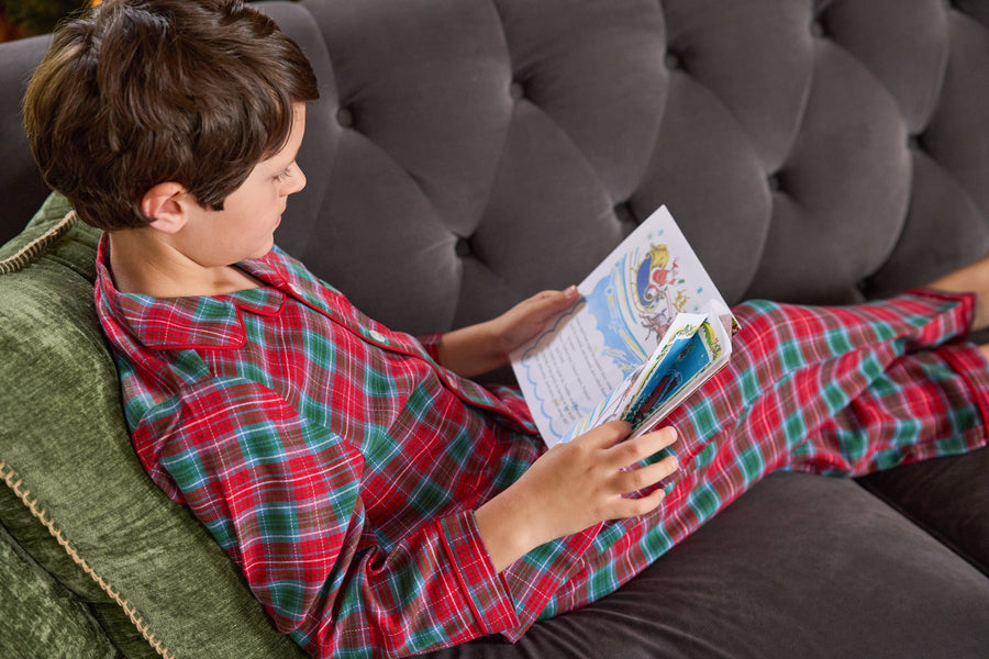 little english classic children's clothes, deep red and green tartan pajama set for boys for the holidays