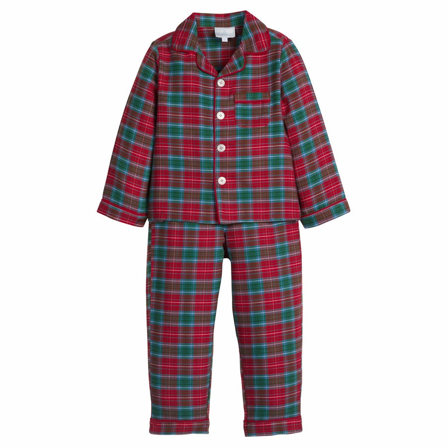 little english classic children's clothes, deep red and green tartan pajama set for boys for the holidays