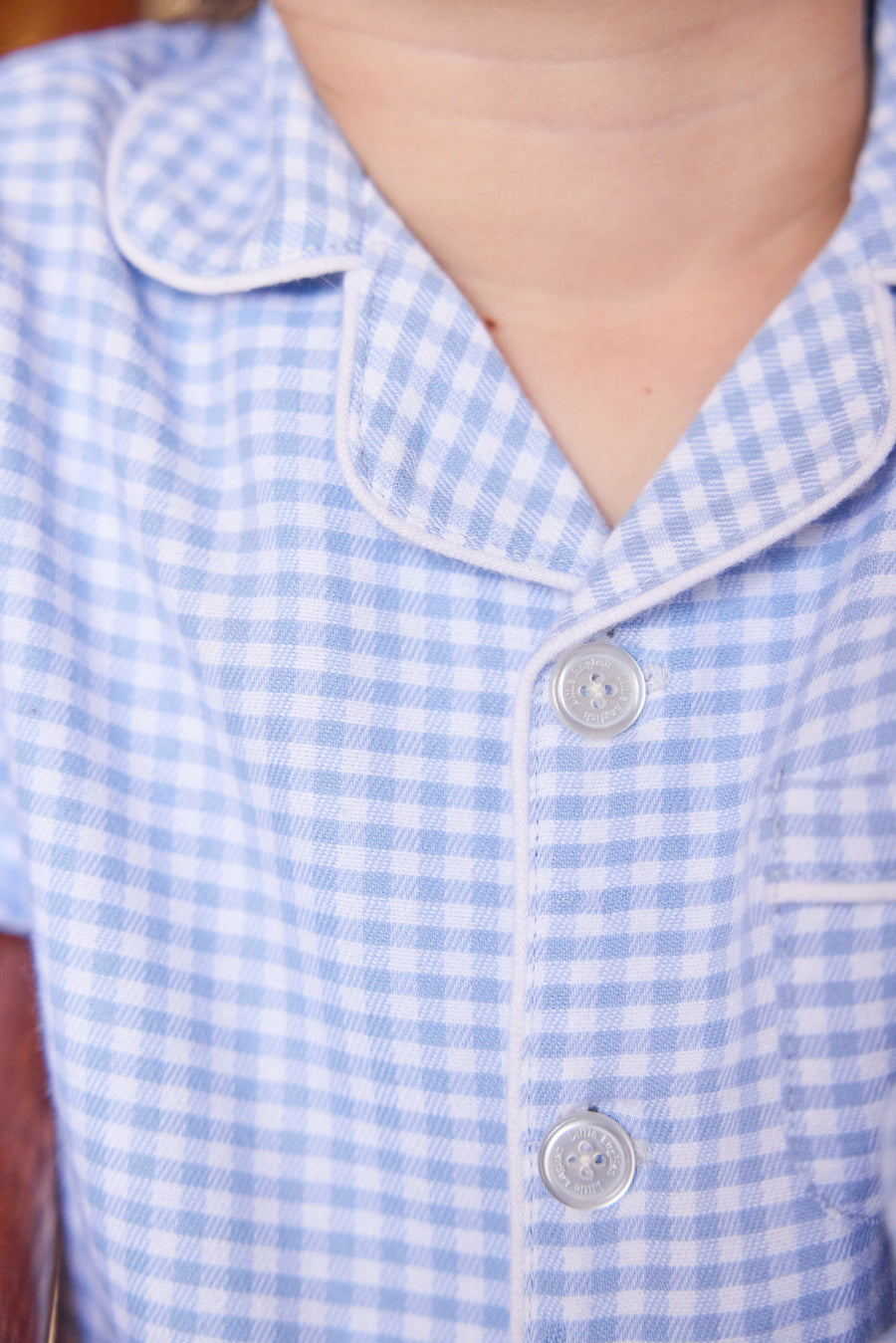 Little English classic kids clothing, light blue gingham long-sleeve pajama set 