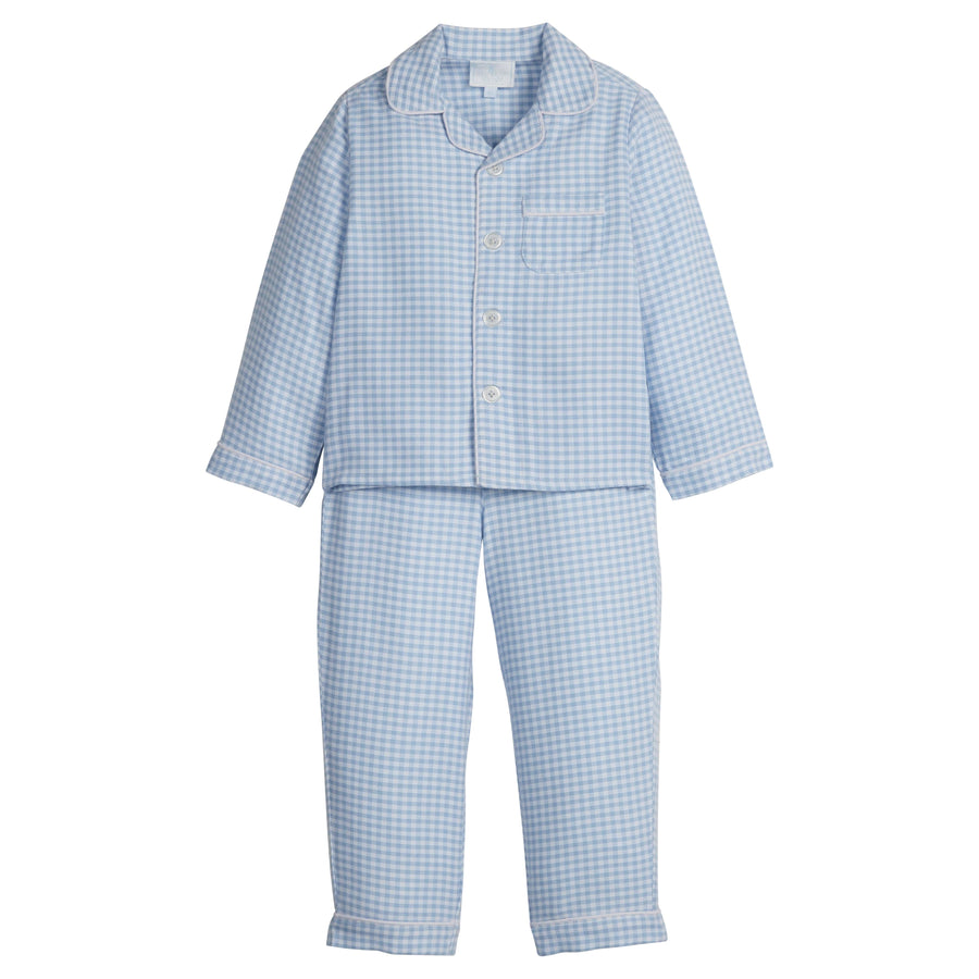Little English classic kids clothing, light blue gingham long-sleeve pajama set for kids
