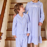 little english classic children's clothing, pajama set for boys and nightgown for girls in light blue gingham, coordinating looks for fall 