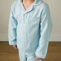 Little English traditional pajama set, boy's light blue flannel style jammies for fall