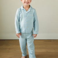Little English traditional pajama set, boy's light blue flannel style jammies for fall