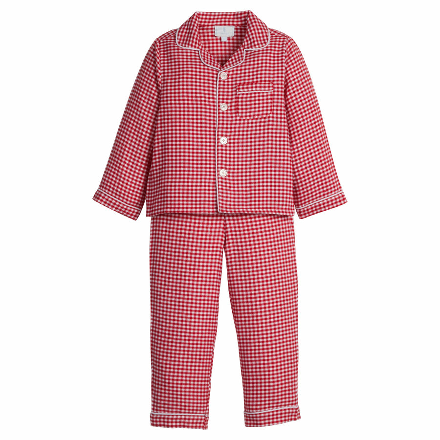 little english classic children's clothes, long sleeve red gingham pajama set for boys 