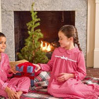 Little english classic childrens clothing, pajama set for boys and long sleeve nightgown for girls in red gingham, coordinating looks for fall 