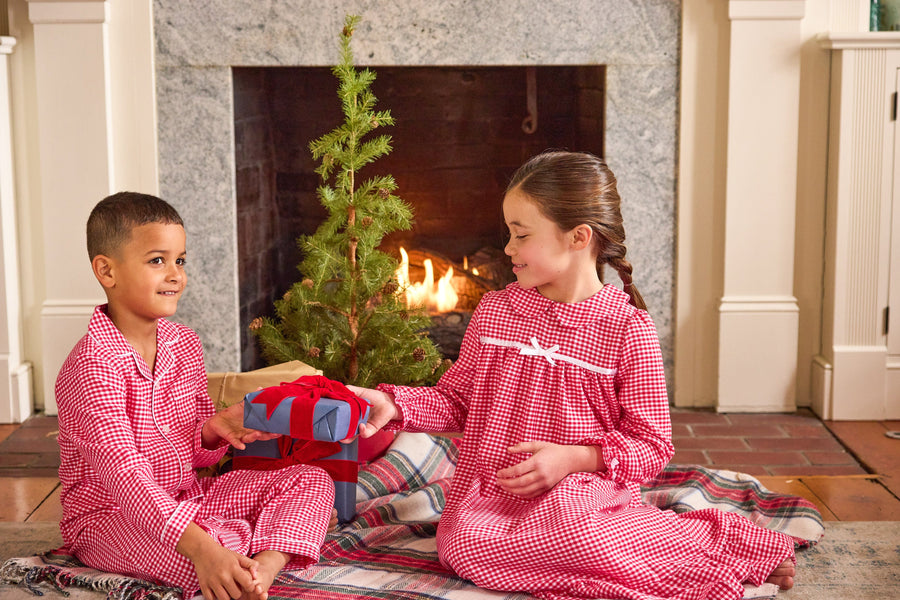 Little english classic childrens clothing, pajama set for boys and long sleeve nightgown for girls in red gingham, coordinating looks for fall 