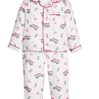 little english classic children's clothes,  boys wagoneer pajama set with a cream background and red piping 
