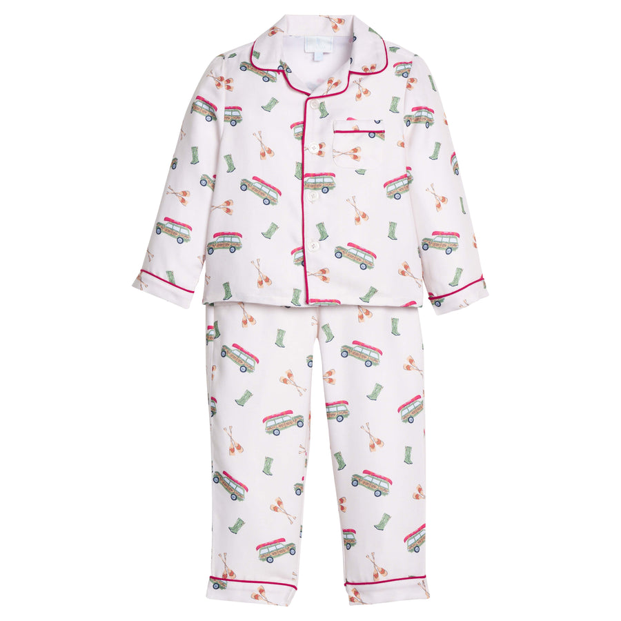 little english classic children's clothes,  boys wagoneer pajama set with a cream background and red piping 