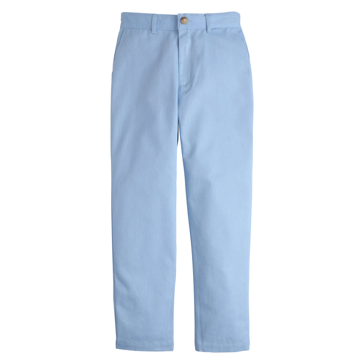 Little English classic pant for boys, faux button closure with zipper and interior elastic adjuster, light blue twill pant with belt loops for older boys