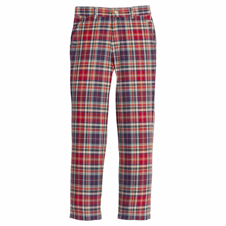 little english classic children's clothes, deep red, hunter green, and navy plaid boys pants for fall 