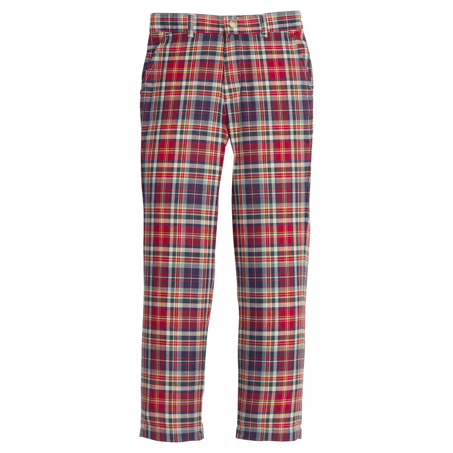 little english classic children's clothes, deep red, hunter green, and navy plaid boys pants for fall 