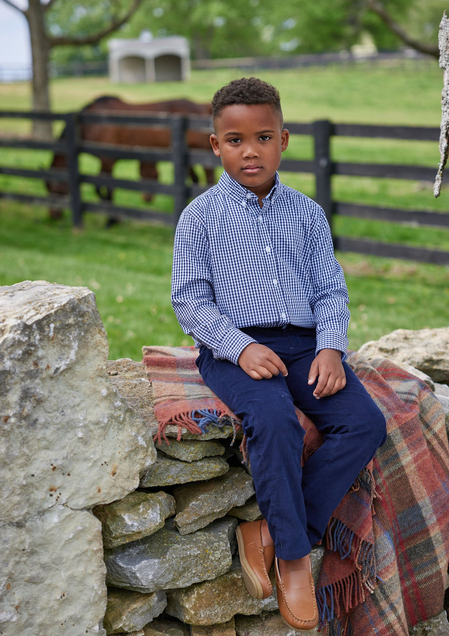 Little English classic childrens clothing tween boys button down shirt in navy gingham