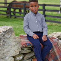 little english classic childrens clothing, boys button down shirt in navy gingham