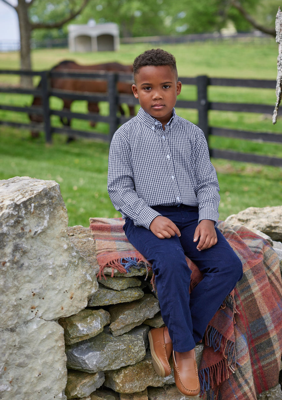 little english classic childrens clothing, boys button down shirt in navy gingham