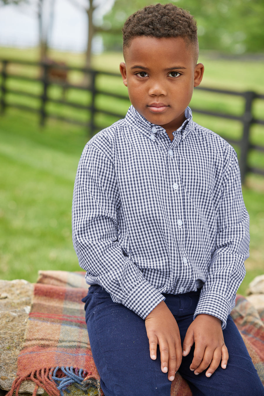 little english classic childrens clothing, boys button down shirt in navy gingham