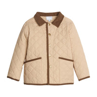 little english classic children's clothing, unisex button snap quilted jacket in light tan with dark brown corduroy details