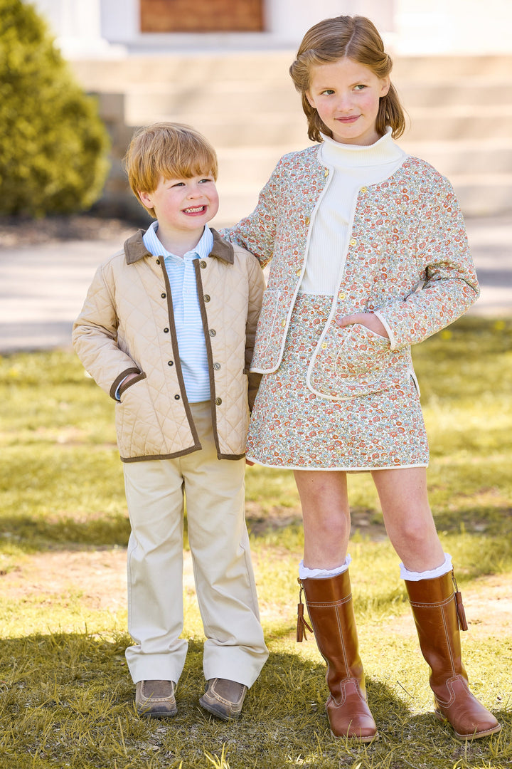 little english classic children's clothing, quilted jacket in khaki, long sleeve polo in sky blue tripe, pull on pant in pebble twill for boys, solid ribbed turtleneck in ivory, sophie jacket and skirt in james floral for girls, coordinating fall outfits 