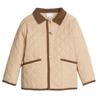 little english classic children's clothing, unisex button snap quilted jacket in light tan with dark brown corduroy details