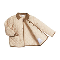 little english classic children's clothing, unisex button snap quilted jacket in light tan with dark brown corduroy details