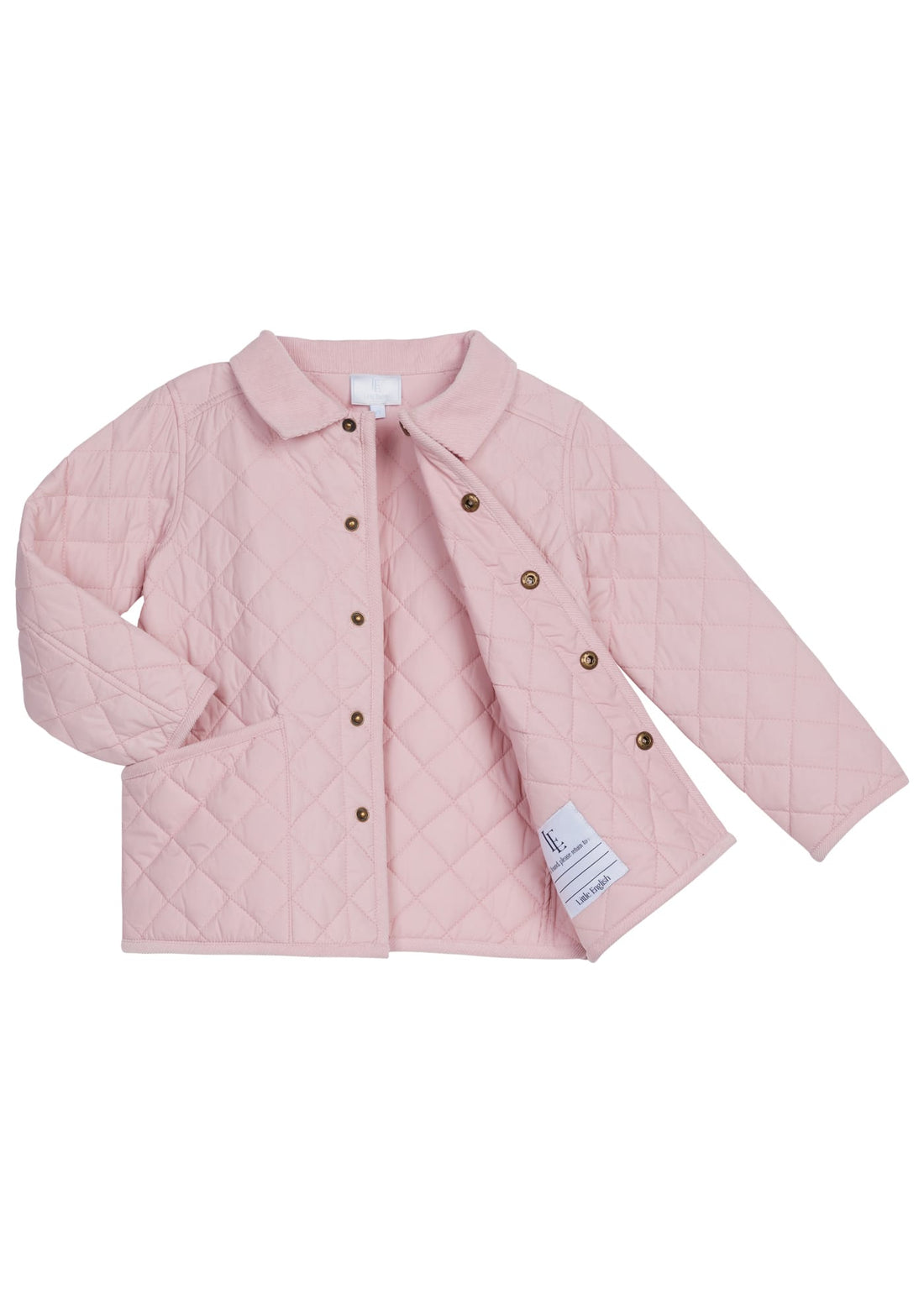 Little English classic kids clothing, quilted jacket for girls in light pink with corduroy collar