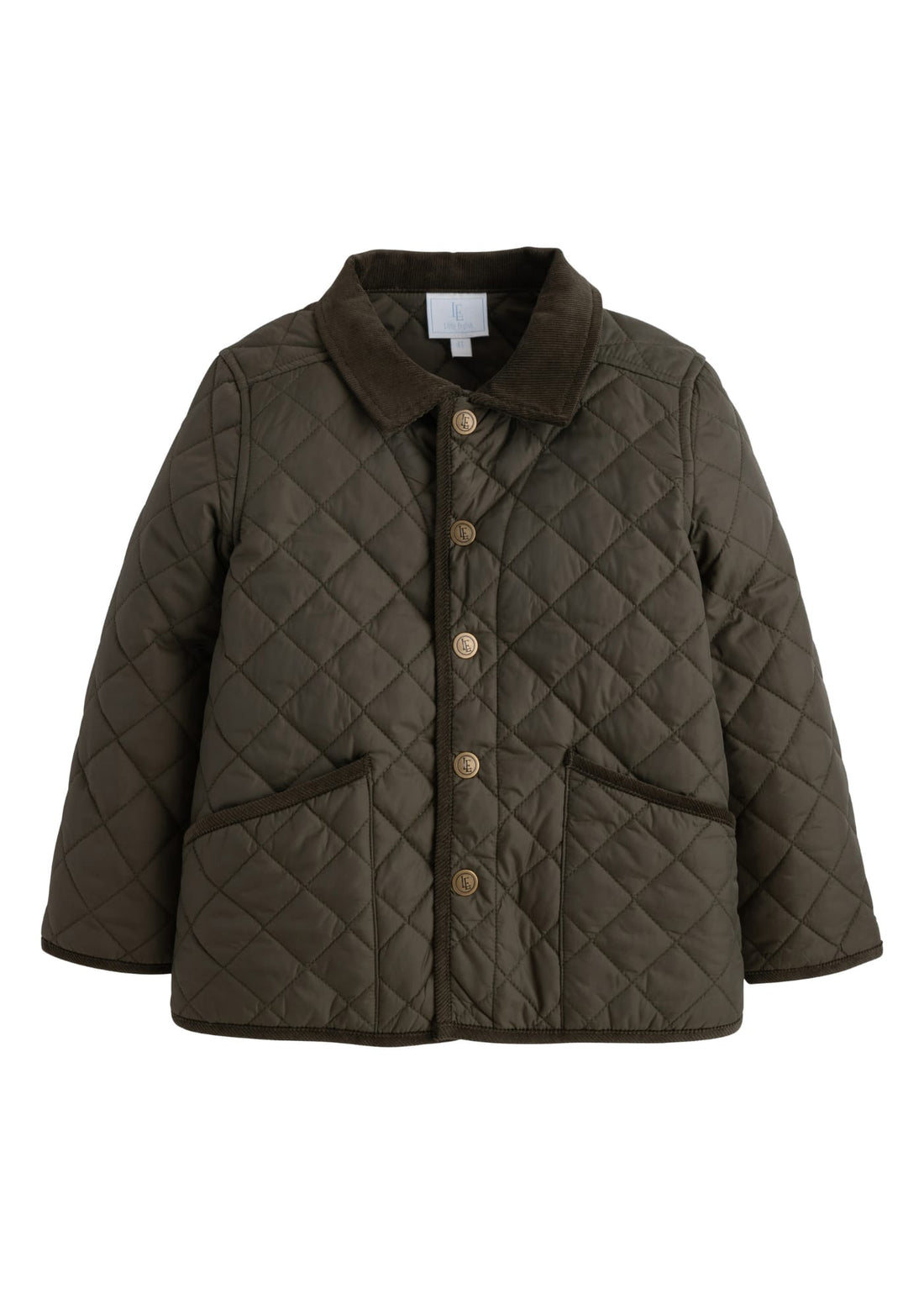 Little English classic childrens clothing, unisex button snap quilted jacket in olive green with corduroy details