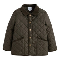 Little English classic childrens clothing, unisex button snap quilted jacket in olive green with corduroy details
