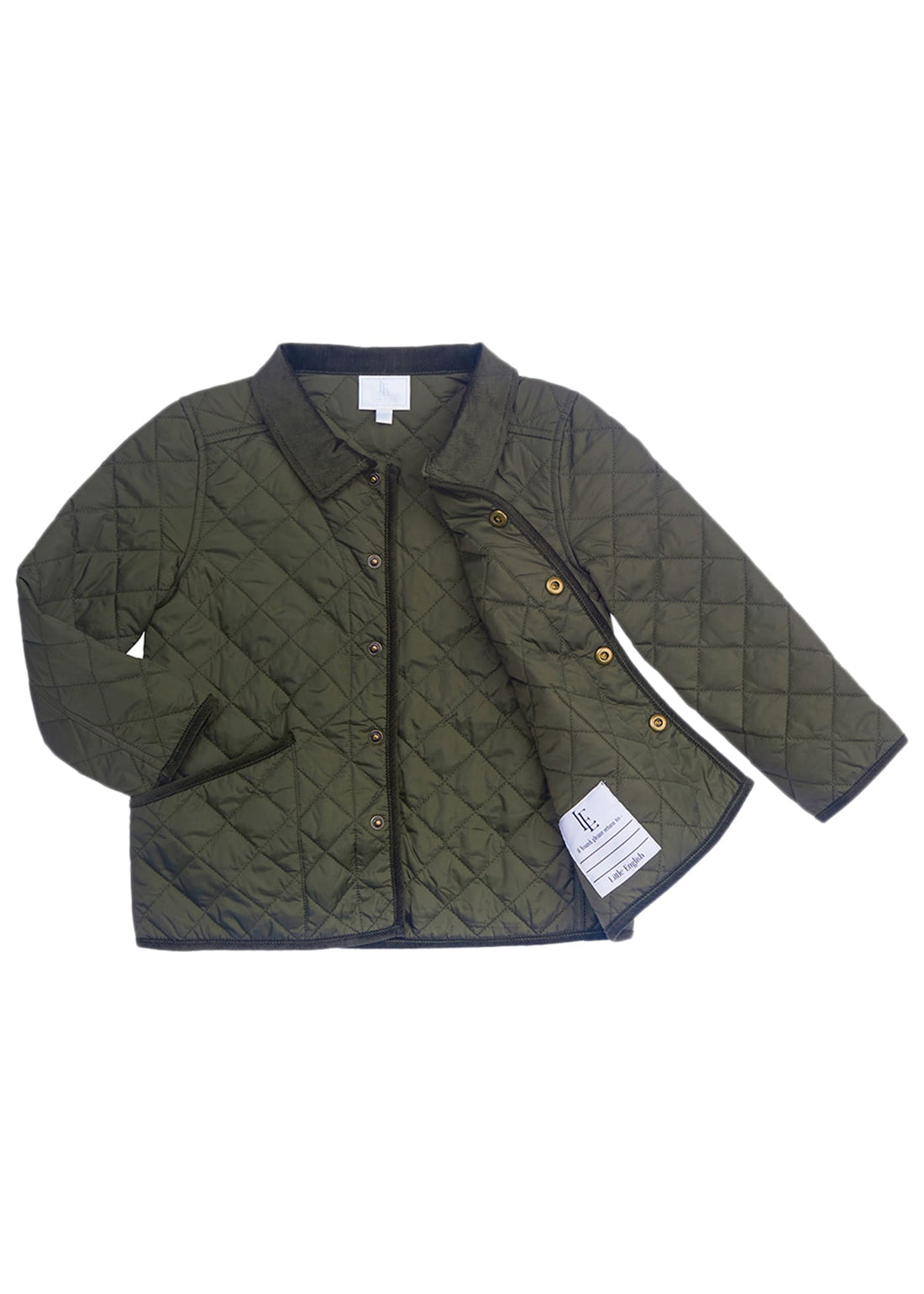 Little English classic childrens clothing, unisex button snap quilted jacket in olive green with corduroy details