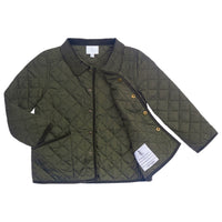 Little English classic childrens clothing, unisex button snap quilted jacket in olive green with corduroy details
