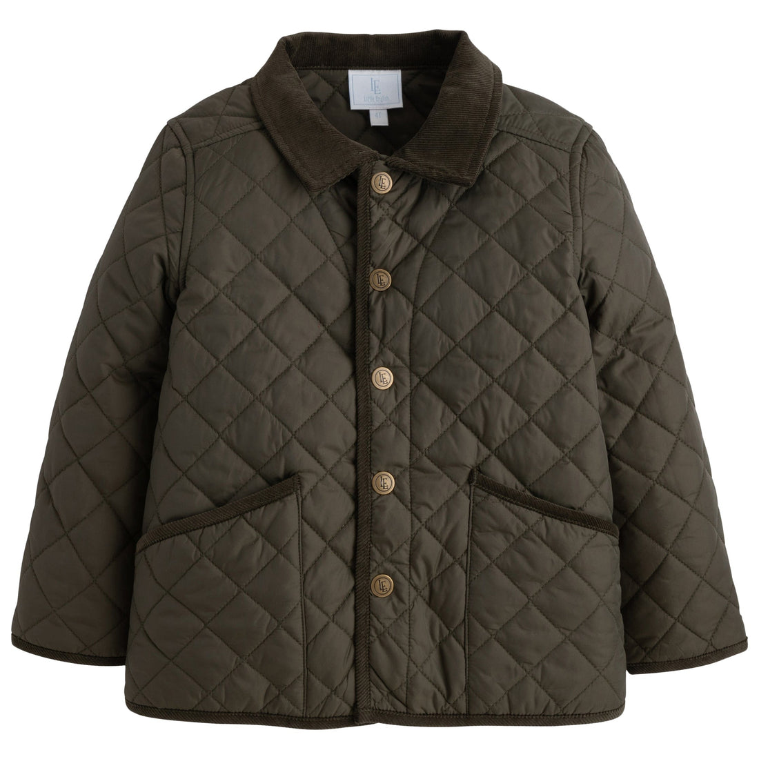 Little English classic childrens clothing unisex button snap quilted jacket in olive green