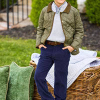 Little English classic childrens clothing, unisex button snap quilted jacket in olive green with corduroy details, Quarter zip sweater in light gray, button down shirt in blue and green coventry plaid, Classic pant in navy corduroy 