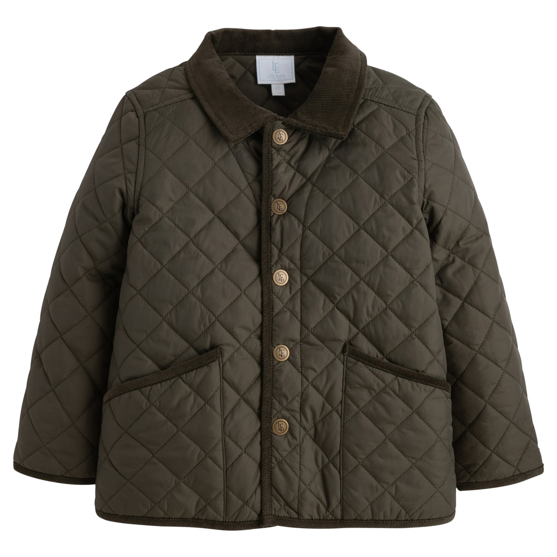 Little English classic childrens clothing, unisex button snap quilted jacket in olive green with corduroy details