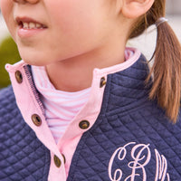 little english classic quilted pullover in navy and light pink 
