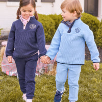 little english classic quilted pullovers in navy and light pink and in light blue and navy, quilted joggers in navy and light blue