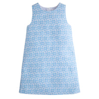 Little English traditional children's clothing, girl's classic shift dress in blue jacquard for Spring