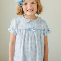 Little English traditional girl's short-sleeve flannel style nightgown, little girl's classic Spring nightgown with bow in blue bunny print