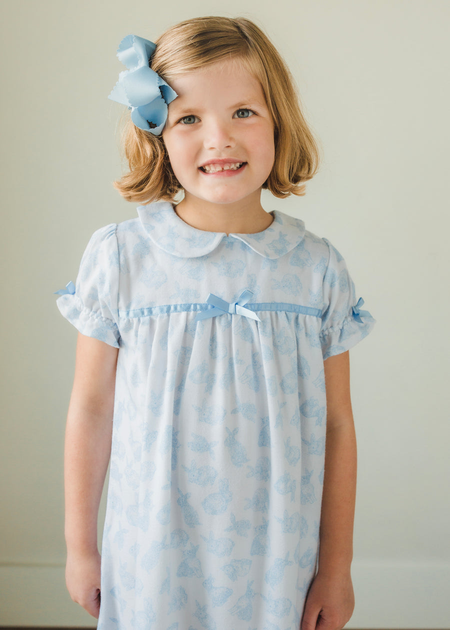 Little English traditional girl's short-sleeve flannel style nightgown, little girl's classic Spring nightgown with bow in blue bunny print