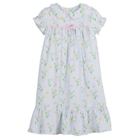 Little English traditional girl's short-sleeve flannel style nightgown, little girl's classic Spring nightgown with bow in butterfly garden print