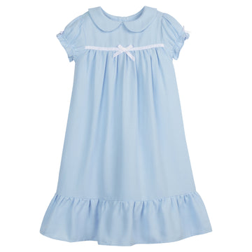 Little English traditional girl's short-sleeve flannel style nightgown, little girl's classic Spring nightgown with bow in light blue