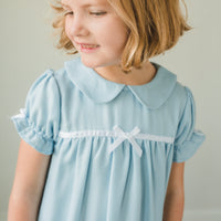 Little English traditional girl's short-sleeve flannel style nightgown, little girl's classic Spring nightgown with bow in light blue