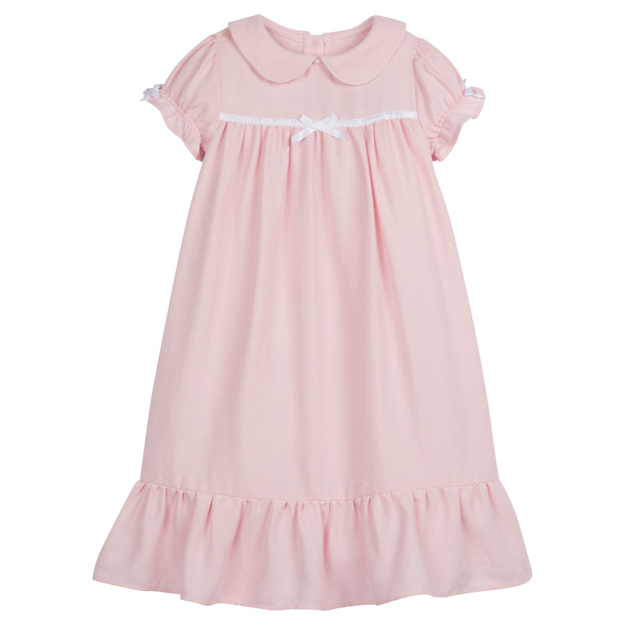 Little English traditional girl's short-sleeve flannel style nightgown, little girl's classic Spring nightgown with bow in light pink