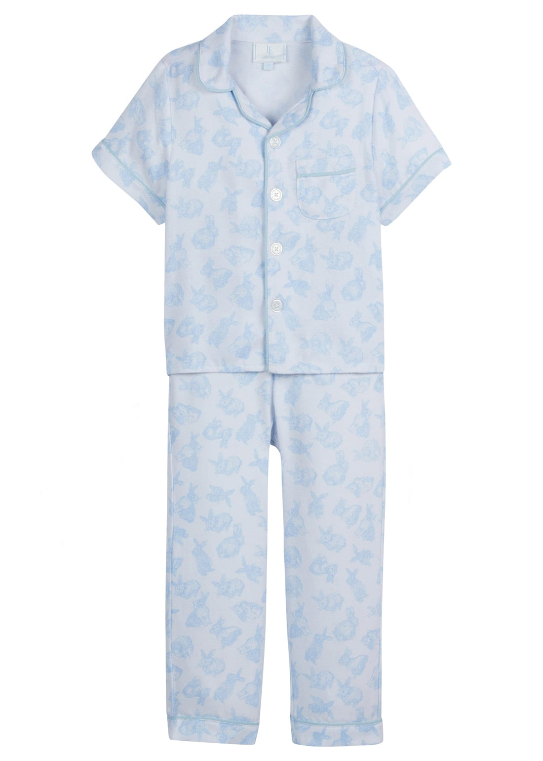 Little English classic kids short-sleeve flannel style pajama set, traditional jammies with blue bunnies for Spring